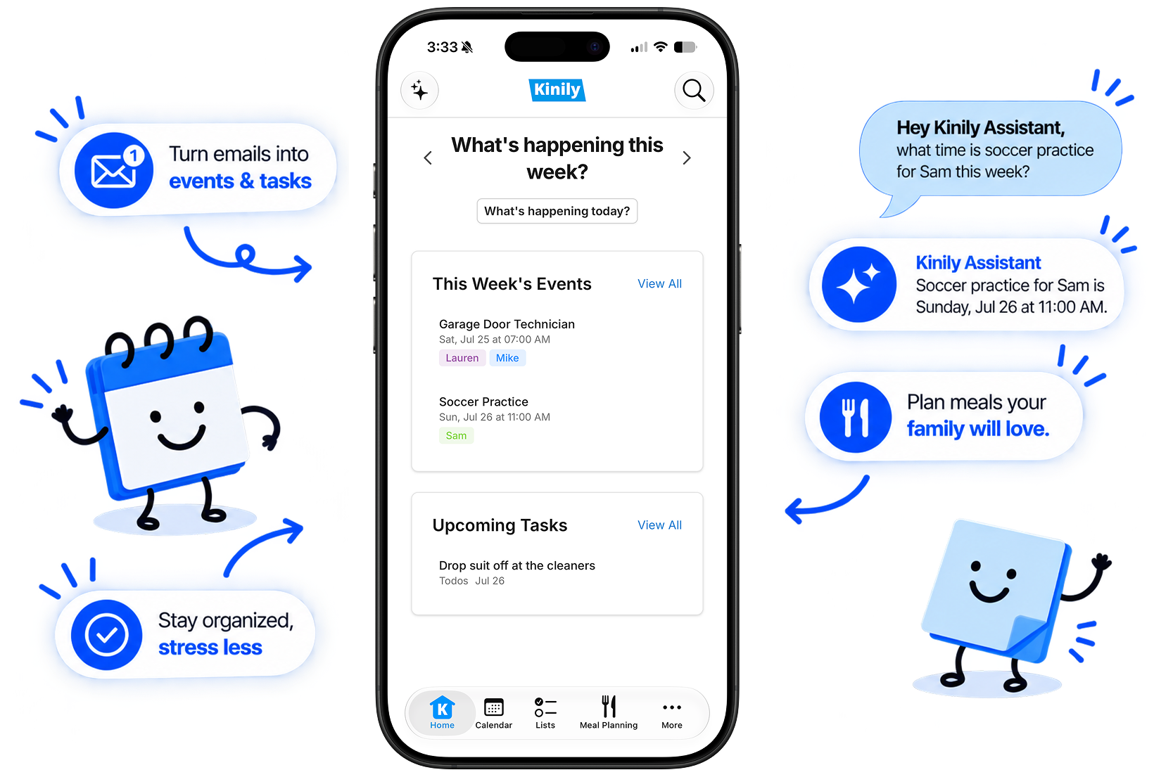 Kinily app showing this week's events and upcoming tasks