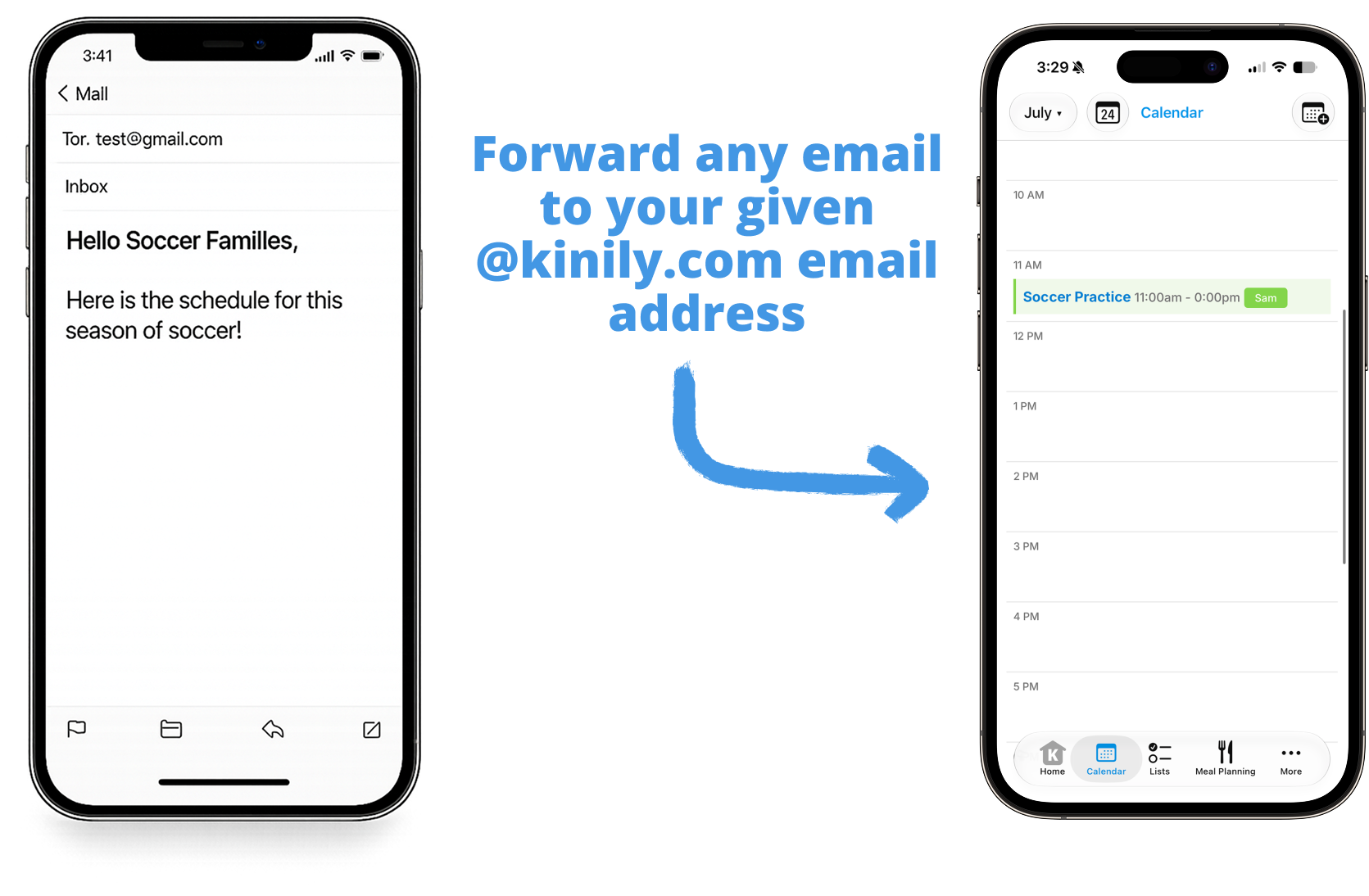 School email forwarded to Kinily, automatically creating a calendar event