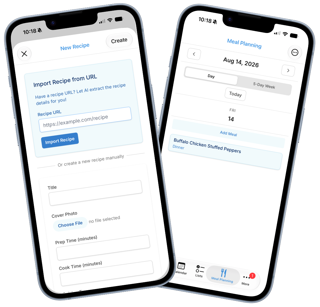 Kinily meal planning calendar and AI recipe import on iPhone