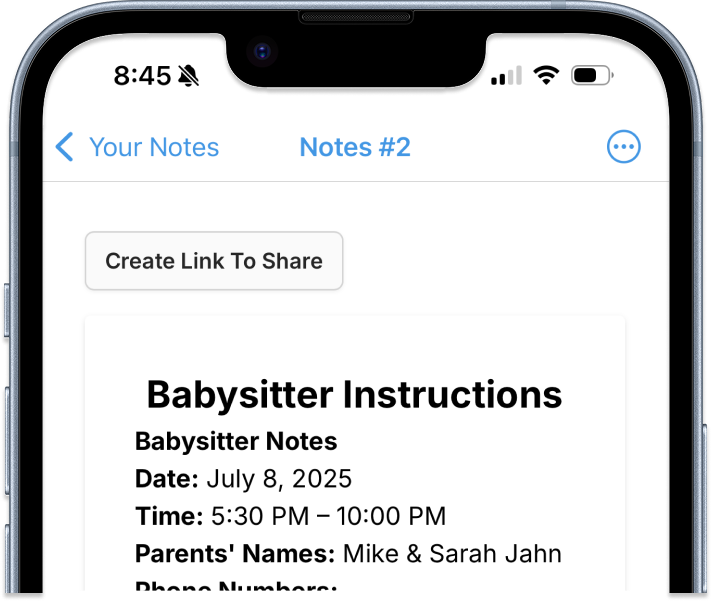 Kinily note screen with Create Link To Share for babysitter instructions